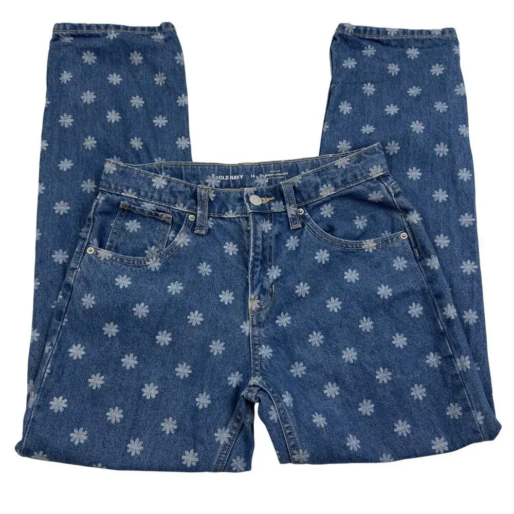Old Navy High-Rise Slouchy Straight Daisy Print Jeans Girl's Size 14